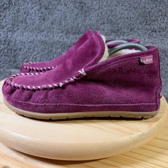 LL Bean Wicked Good Boot Moc Womens Size 7 Pink Slip On Suede Shearling Lined - Picture 1 of 8